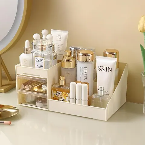 Makeup Organizer Stand with Transparent Drawer (Cream)